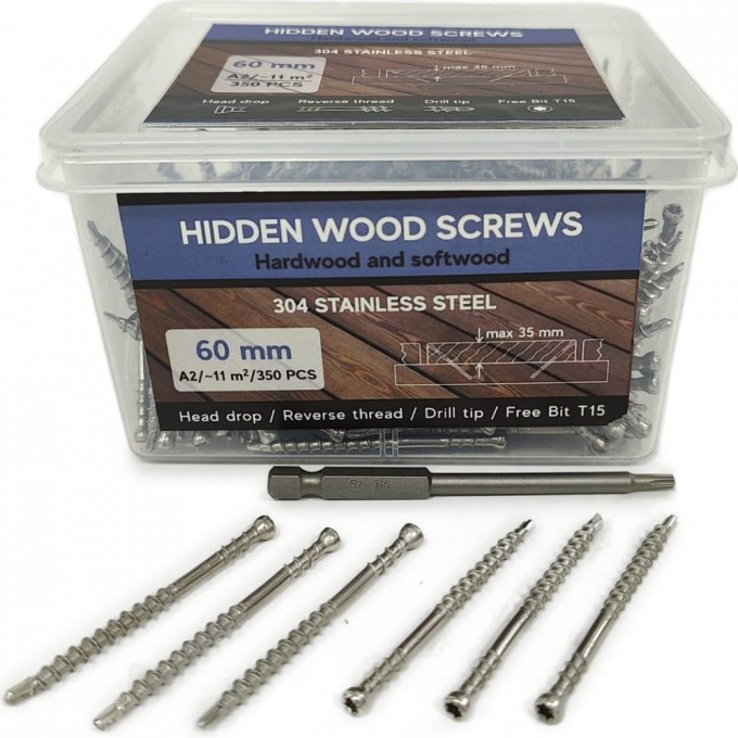 Саморезы для скрытого монтажа террас и фасадов с помощью инструмента Marksman CAMO Hidden Wood Screws A2 60 мм, 350 шт. 60350A2